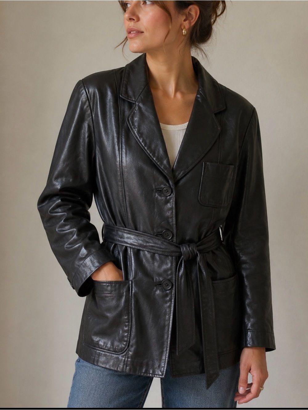 Vintage Berman’s Belted Leather Jacket Size 12 Black